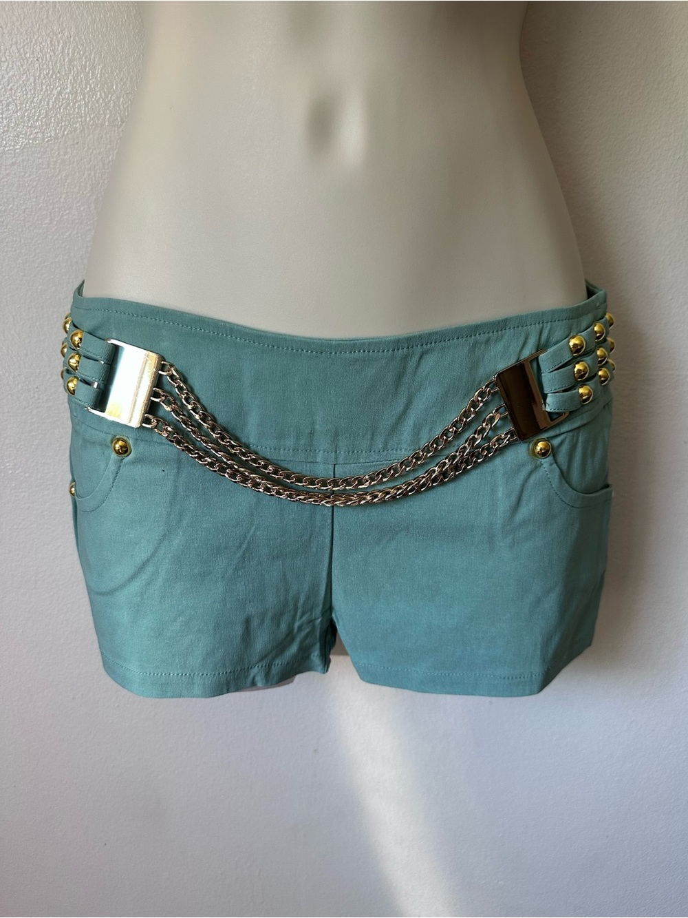 Studded Chain Accent Teal Shorts